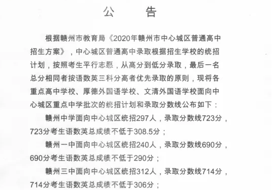 2020贛州重點高中分?jǐn)?shù)線