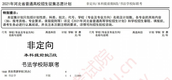 2021河北本科提前批B段征集計(jì)劃（書法學(xué)校際聯(lián)考）