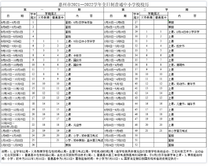 2021-2022惠州中小學校歷公布 寒假放假時間