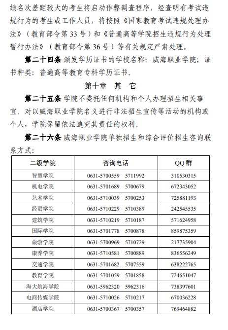 威海職業(yè)學院單招和綜合評價招生簡章
